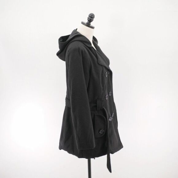 Metaphor Medium Black Double Breasted Belted‎ Hooded Polyester Blend Overcoat - Picture 7 of 11